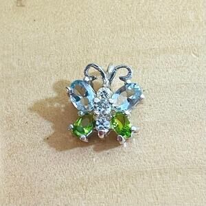 Pendant Charm Sterling Silver Butterfly Aqua Marine Peridot Clear Cubic Zirconia